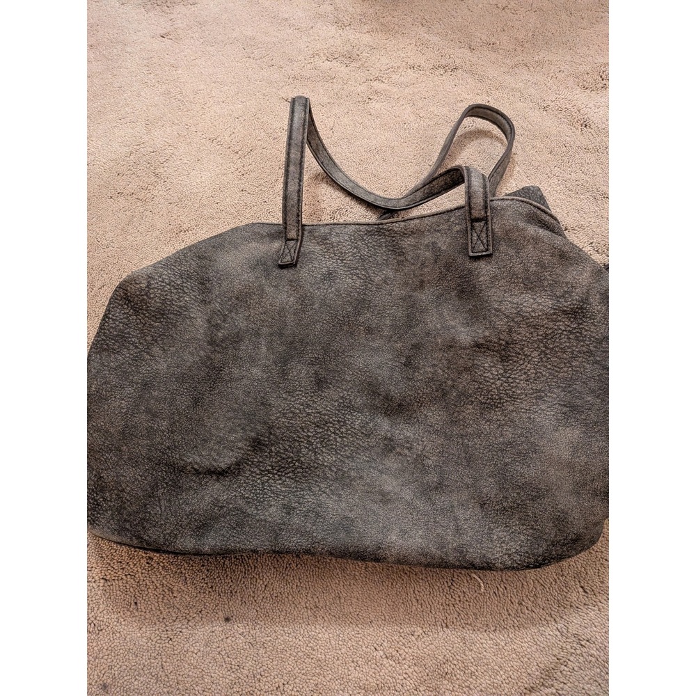 Free People Distressed Charcoal Grey Vegan Leather Tote Bag with Pouch Slouchy‎